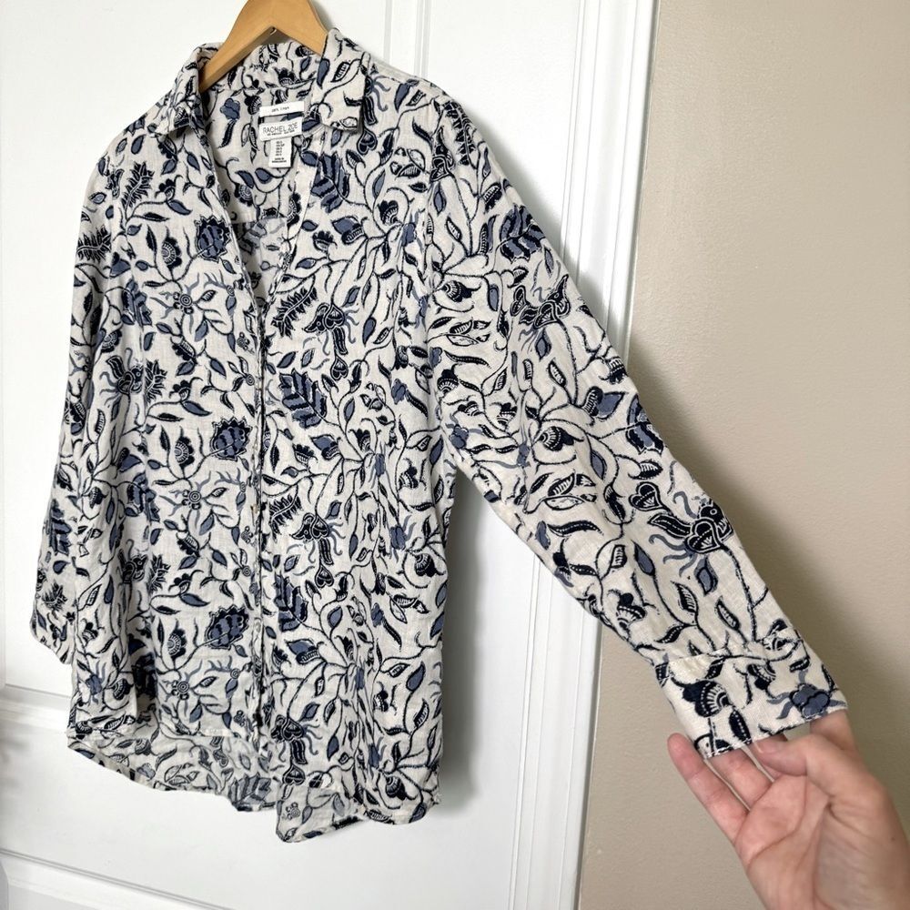 Linen Floral Shirt Coastal Chic Boho Resort Blouse Blue White Euro Summer Top - Picture 9 of 11